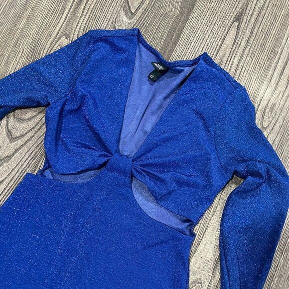 Wild Fable Dress S Blue Sparkling Bodycon Cut Out Knee Length Long Sleeve Lurex - Picture 4 of 6